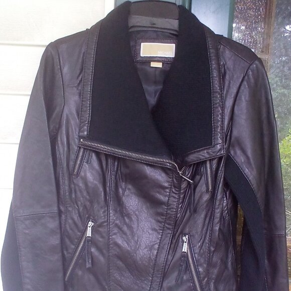 MICHAEL KORS Black Leather/Knit Trim Jacket Size: L - Picture 1 of 8
